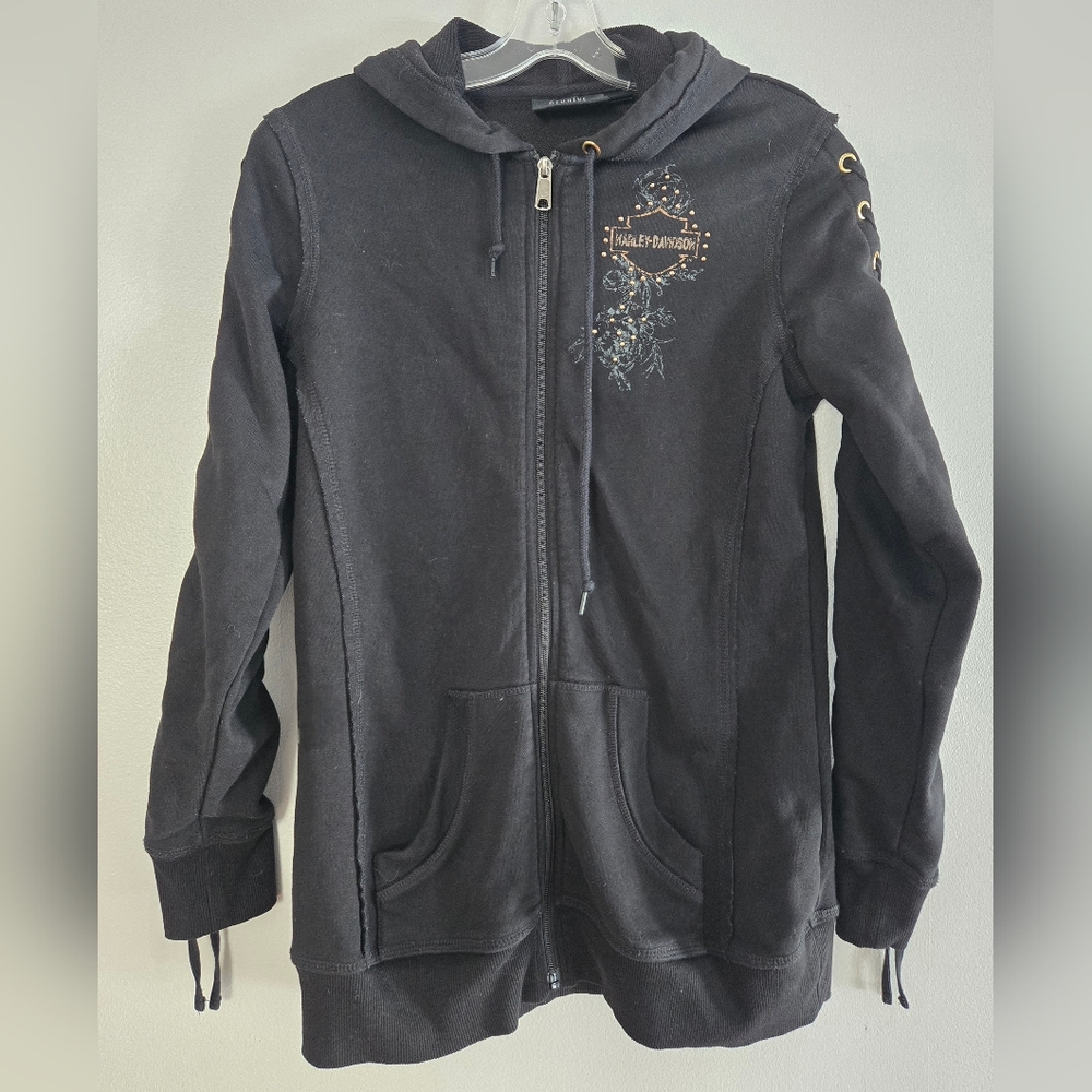 Women’s Laced Up Sleeve Full-Zip‎ Hoodie BlackSize S Gold Accents